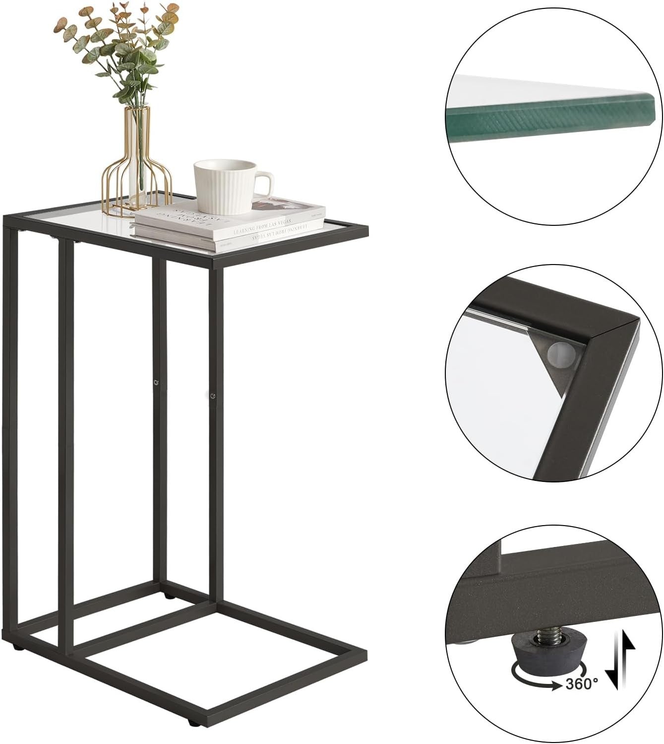 Black C-Shaped Side Table 30x40x63 cm | Tempered Glass Sofa & Bed Table