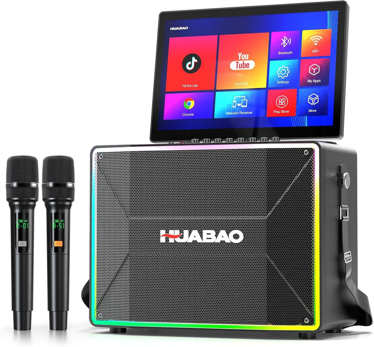 Smart Karaoke Machine 14" Touch Screen 2 Wireless Mics WiFi HDMI