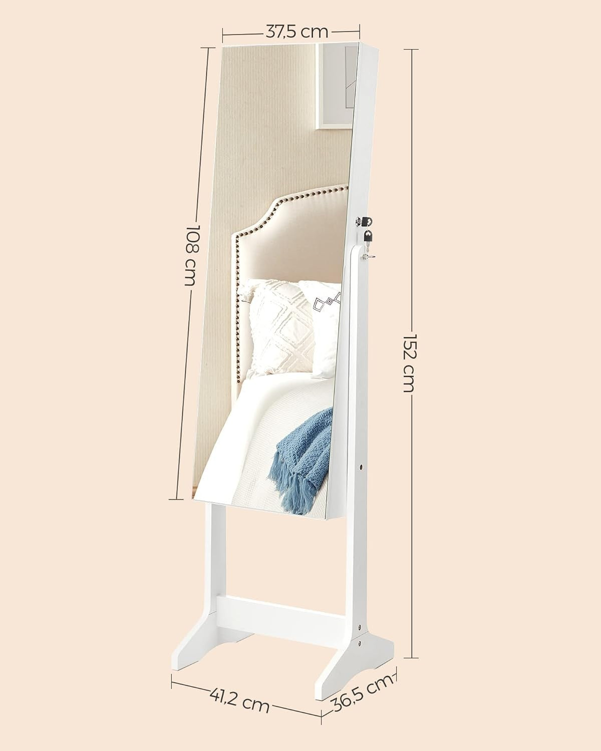 White Lockable Jewelry Cabinet Mirror Freestanding Storage Organizer