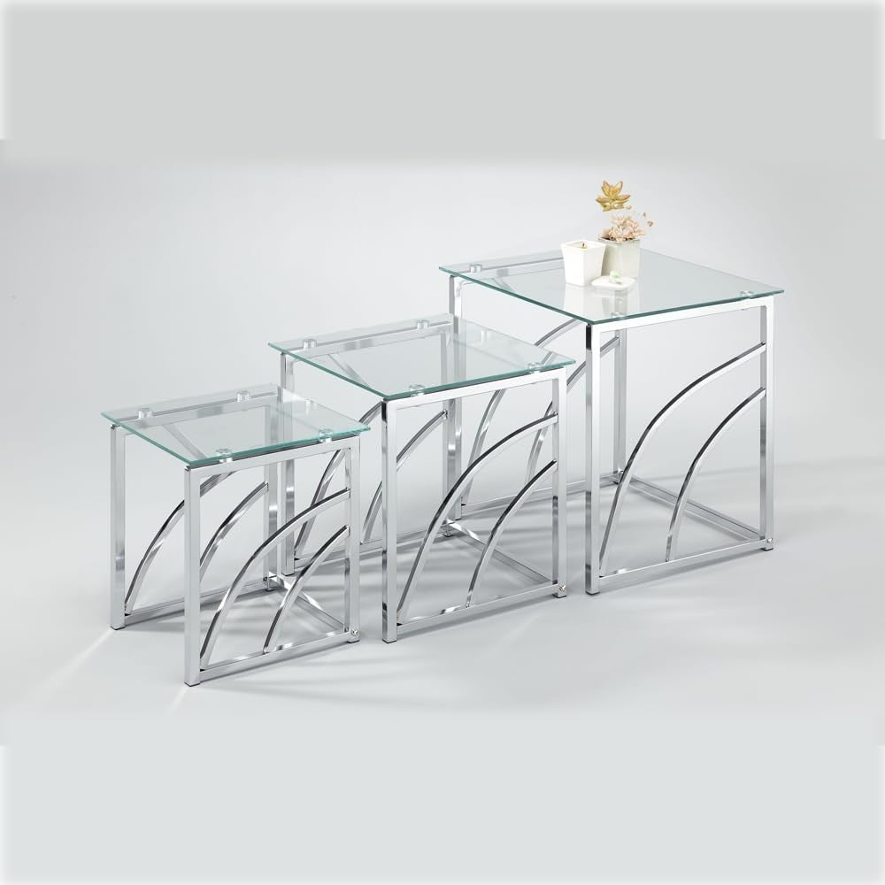 Set of 3 Clear Glass Nesting Tables Modern Chrome Metal End Side Coffee Square