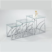 Set of 3 Clear Glass Nesting Tables Modern Chrome Metal End Side Coffee Square