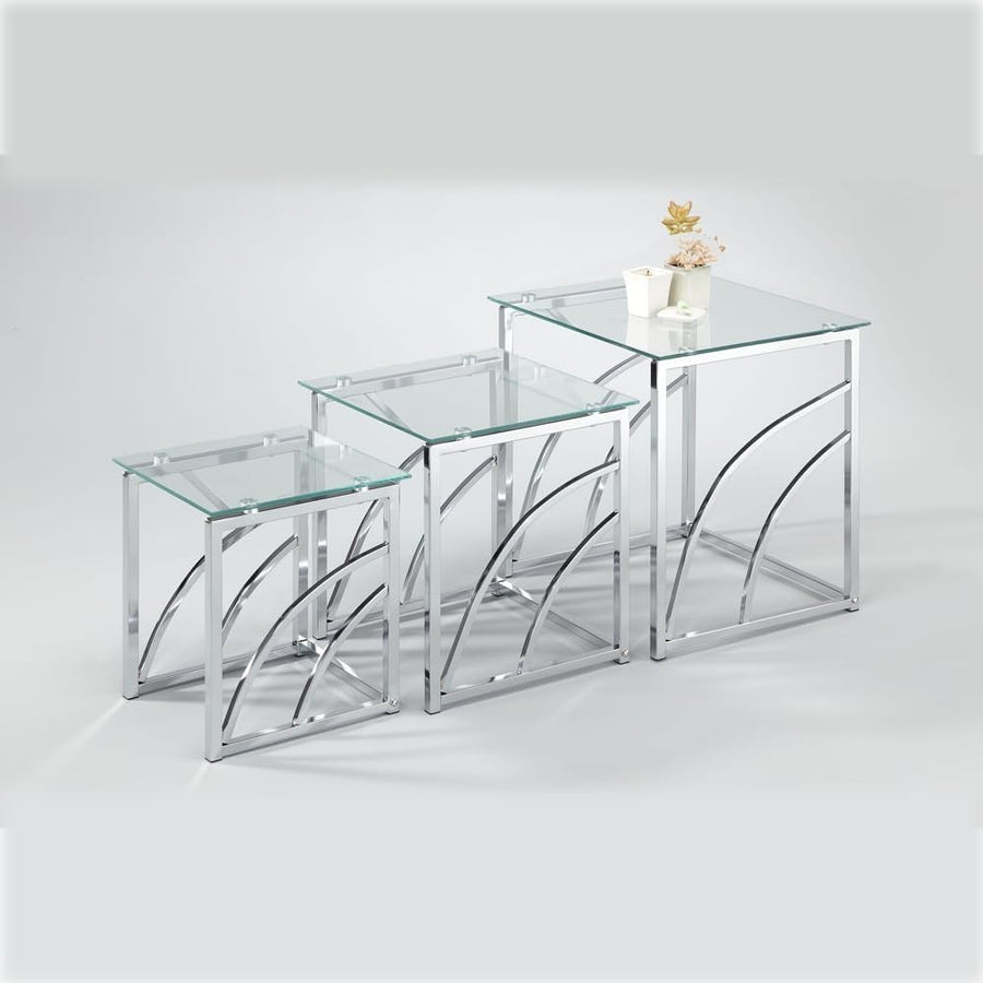 Set of 3 Clear Glass Nesting Tables Modern Chrome Metal End Side Coffee Square