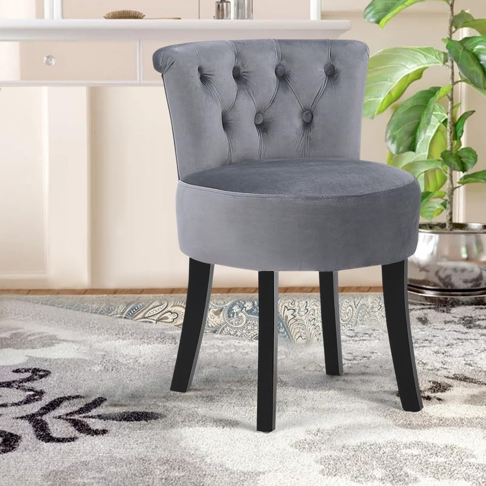 Grey Velvet High-Back Dressing Table Chair with Solid Wood Legs