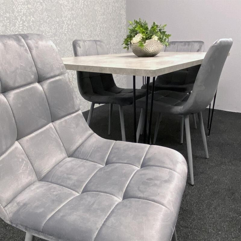 Grey Dining Table Set with 4 Velvet Chairs – Hairpin Legs Modern 4 Seater