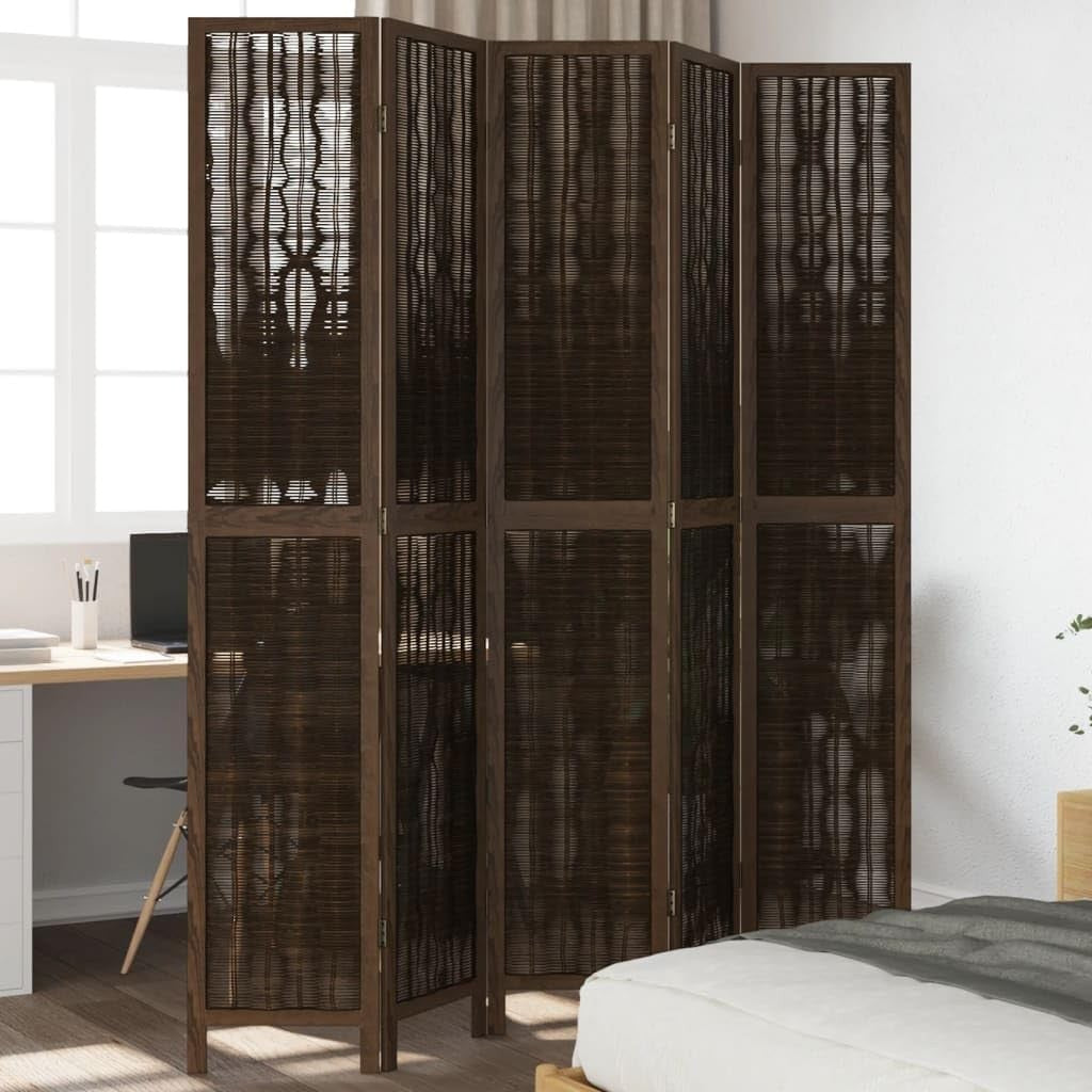5 Panel Folding Room Divider Screen – Dark Brown Wood Privacy Partition 220cm