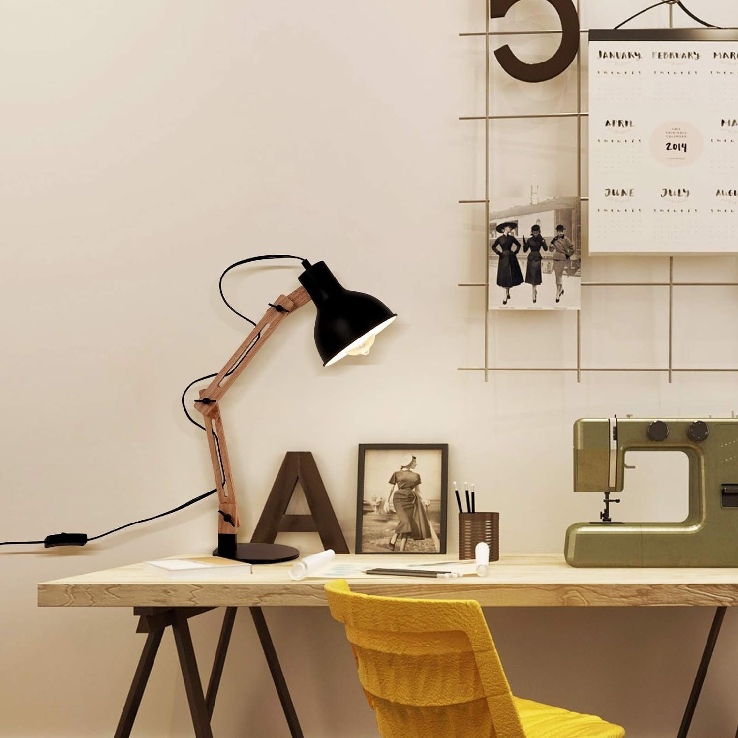 Wooden Swing Arm Desk Lamp Adjustable Architect Task Light for Office