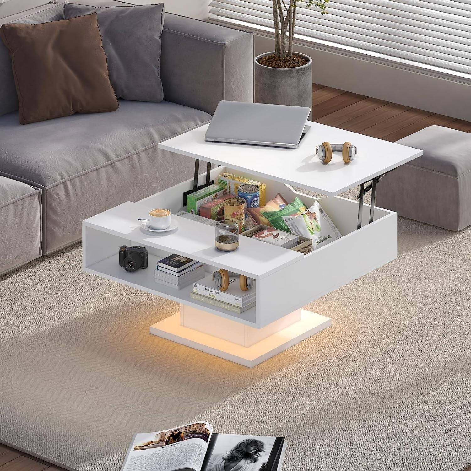 LED Lift Top Coffee Table with Storage 78x78cm – White Square Modern Design