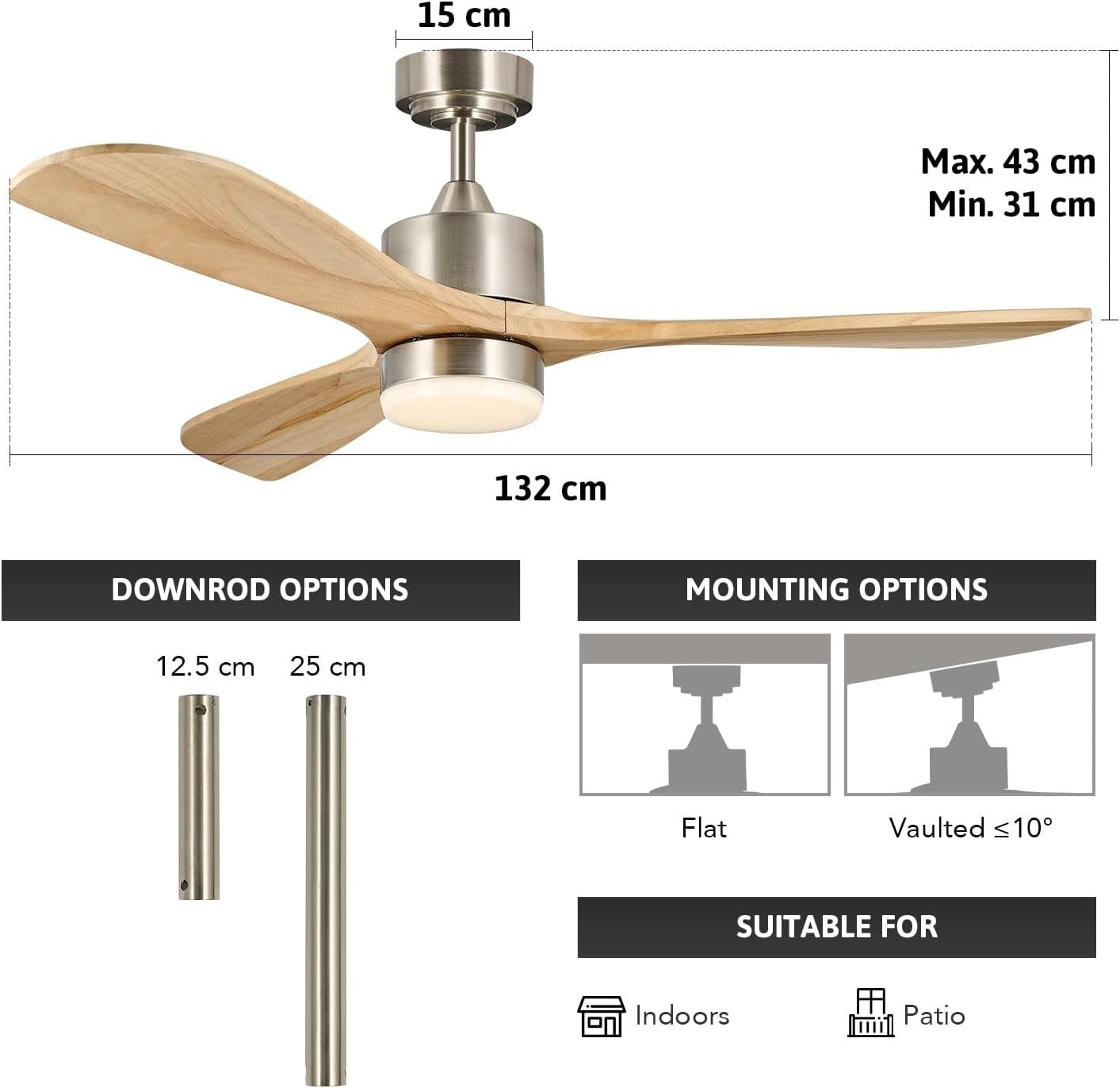 52" Wood Ceiling Fan with Light, 3-Blade, 6-Speed, Remote, LED
