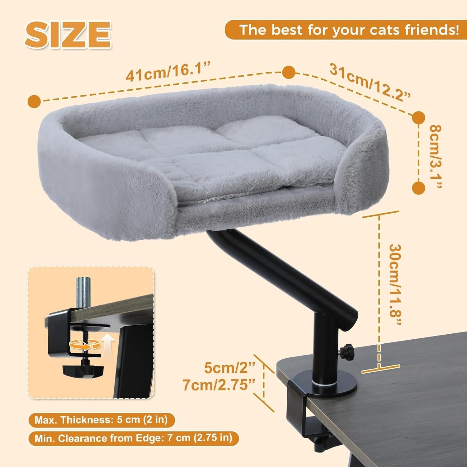 360 Rotating Desk Cat Bed Adjustable Cat Hammock Desktop Perch Grey