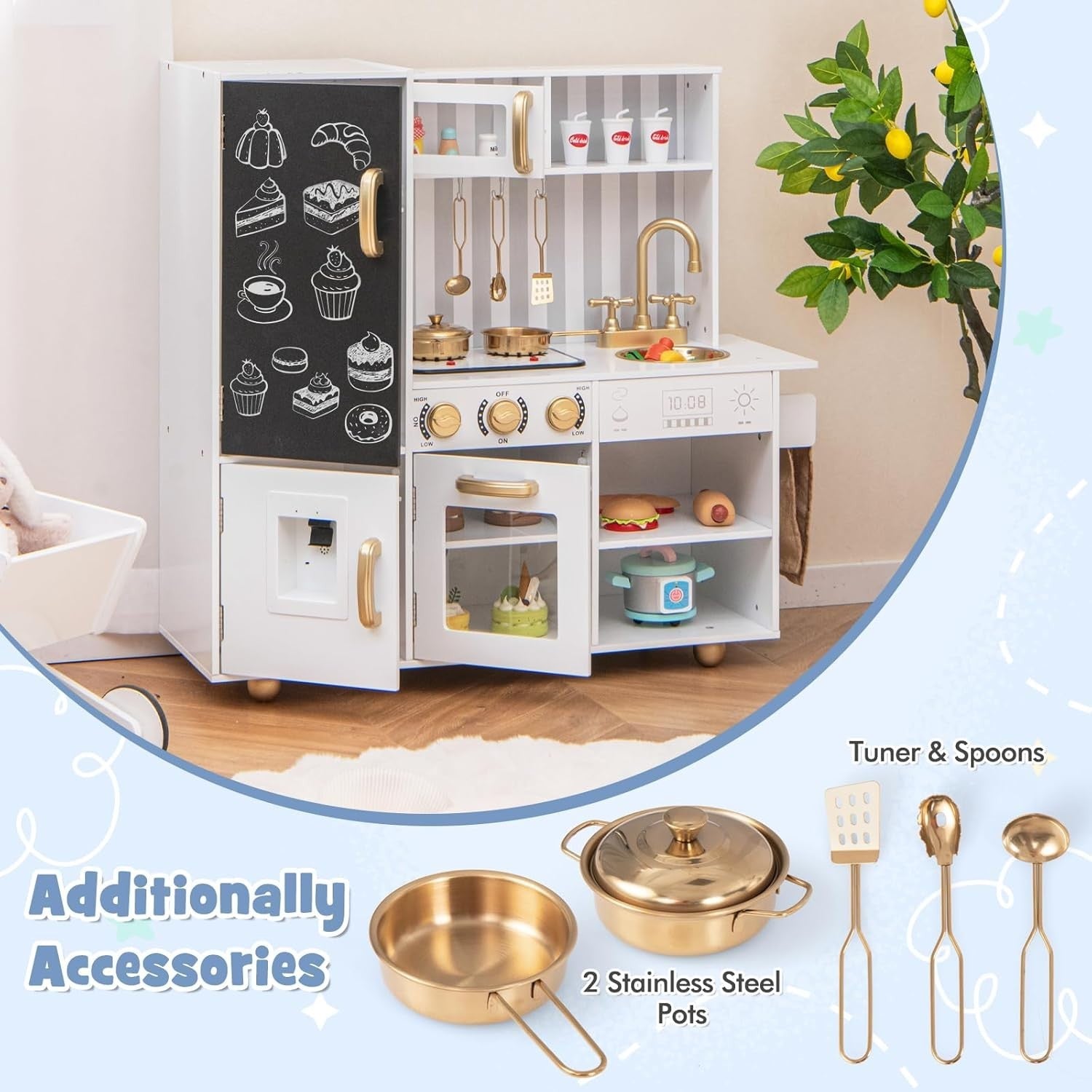 Kids Wooden Play Kitchen Lights Sounds Water Dispenser White Gold