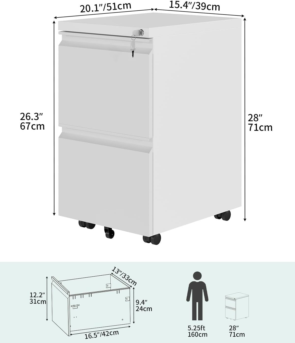 White 2 Drawer Lockable File Cabinet 51x39x71cm Mobile Under Desk