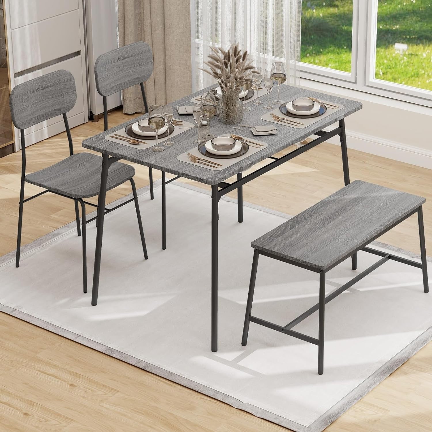 Dining Table Set with Bench & 2 Chairs | Storage Rack | Modern Grey