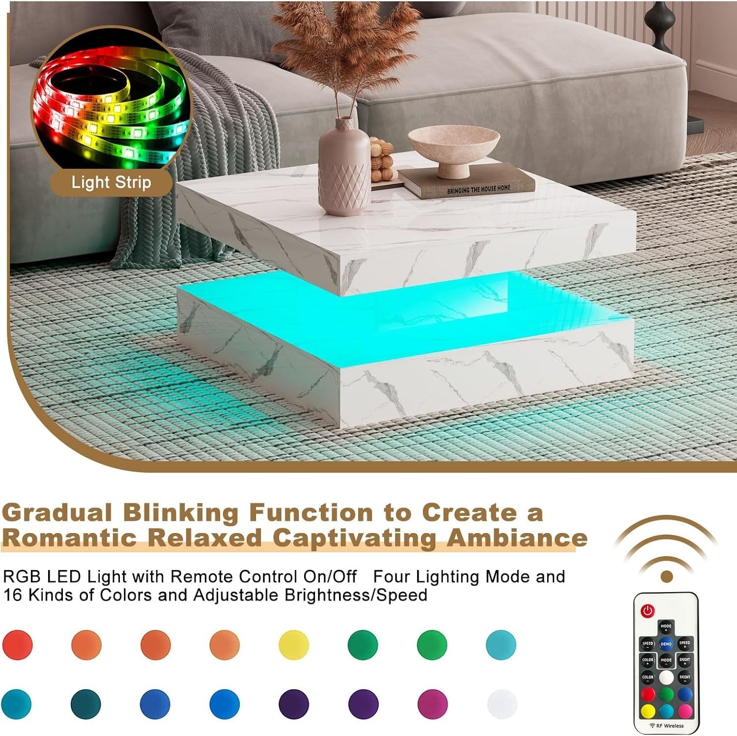 White Marble LED Coffee Table with Storage, 2-Tier Square 78x78cm