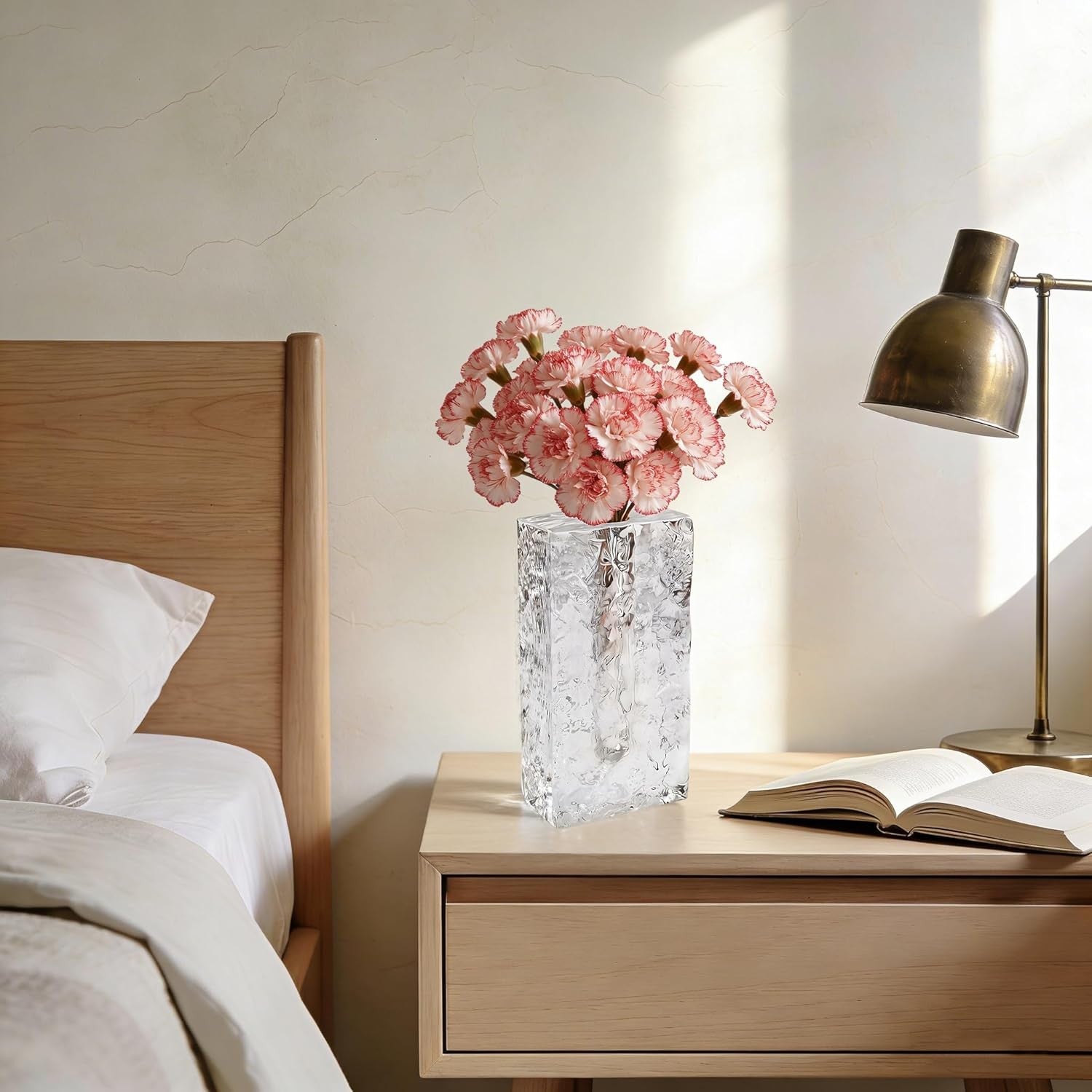 Tall Crystal Glass Vase Ice Texture Modern Rectangular Tabletop Home Decor