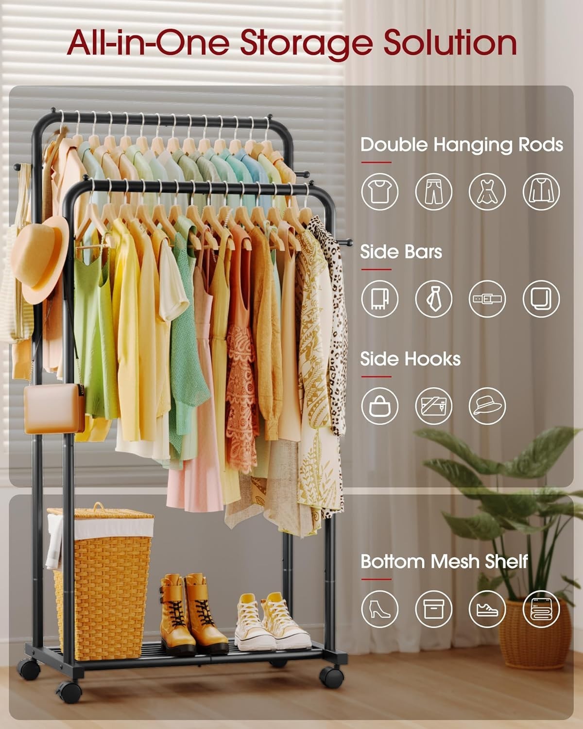 Double Rod Clothes Rail with Shelf & Hooks – Black 150cm