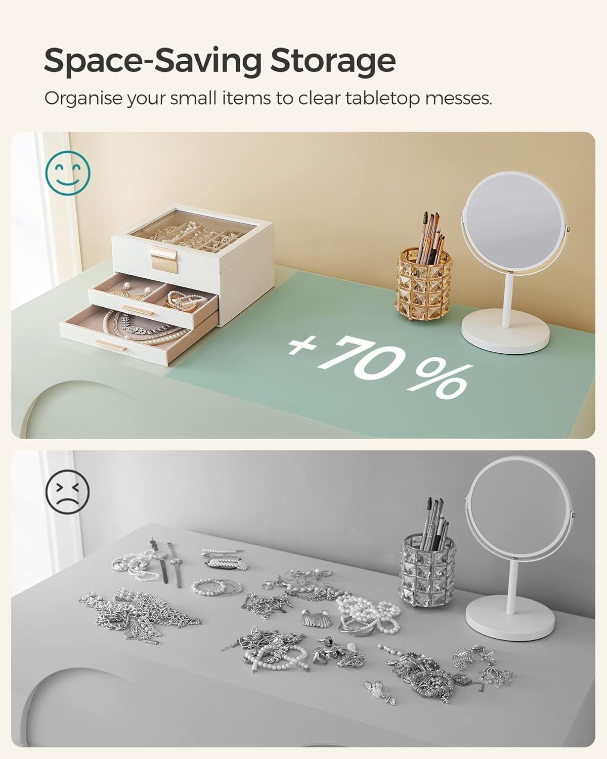 Glass Lid Jewellery Box Cloud White Gold 3 Tier Storage with 2 Drawers