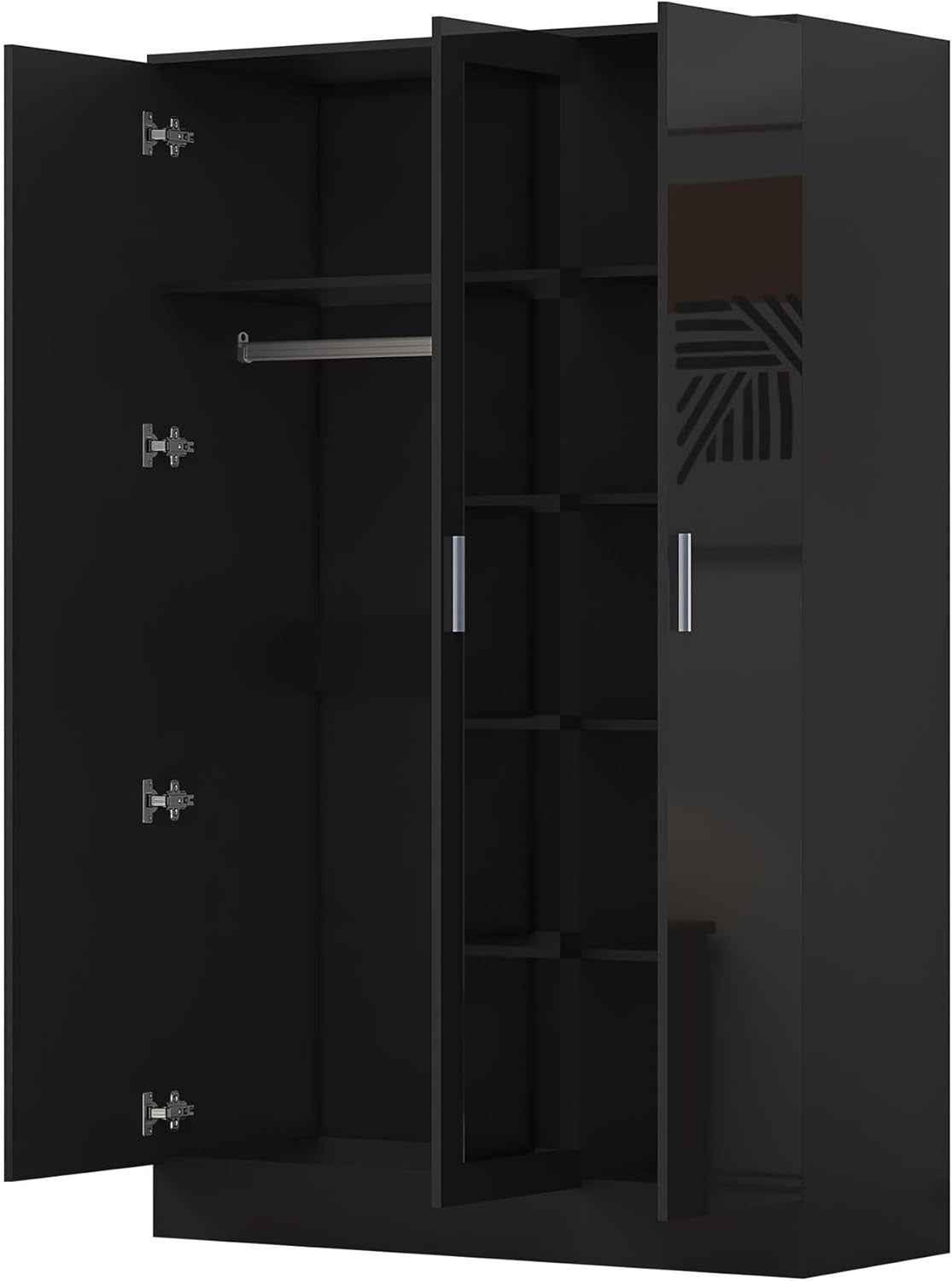 3 Door Mirrored Wardrobe Black Gloss & Black Oak with Shelves & Hanging Rail