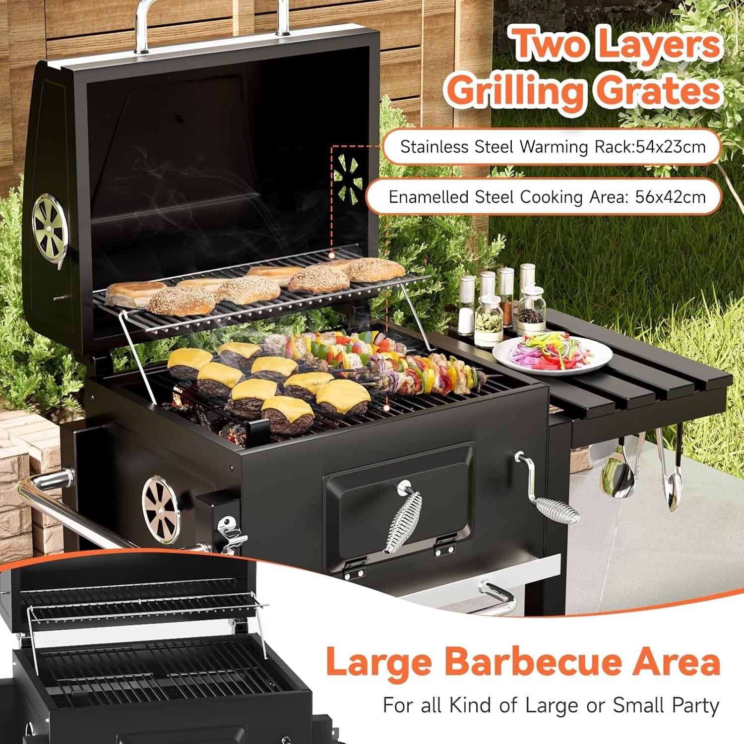 XL Charcoal BBQ Grill with Wheels, Side Table, Warming Rack & Thermometer