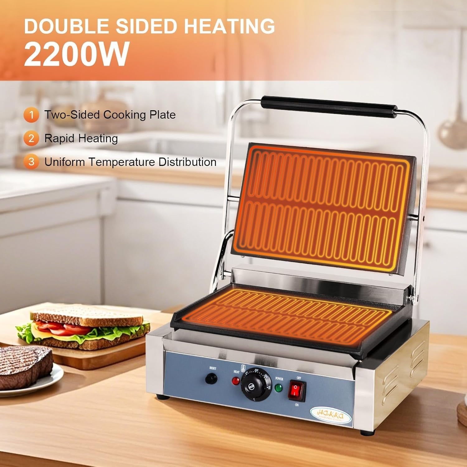 Commercial Panini Press 2200W 34x22cm Grill 50-300℃ Blue