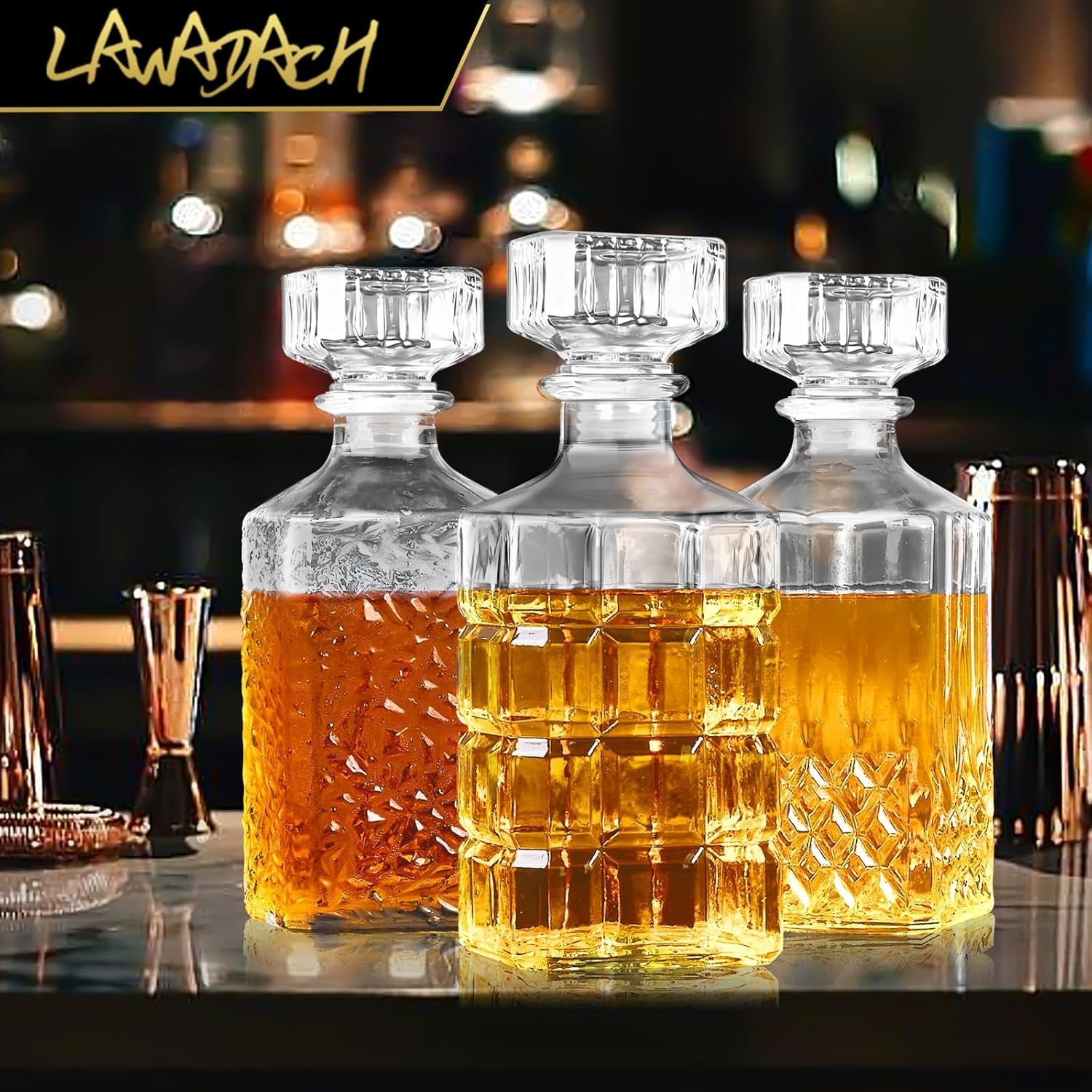 3 Piece Glass Whiskey Decanter Set 33.8oz Vintage Cut Bar Bottles