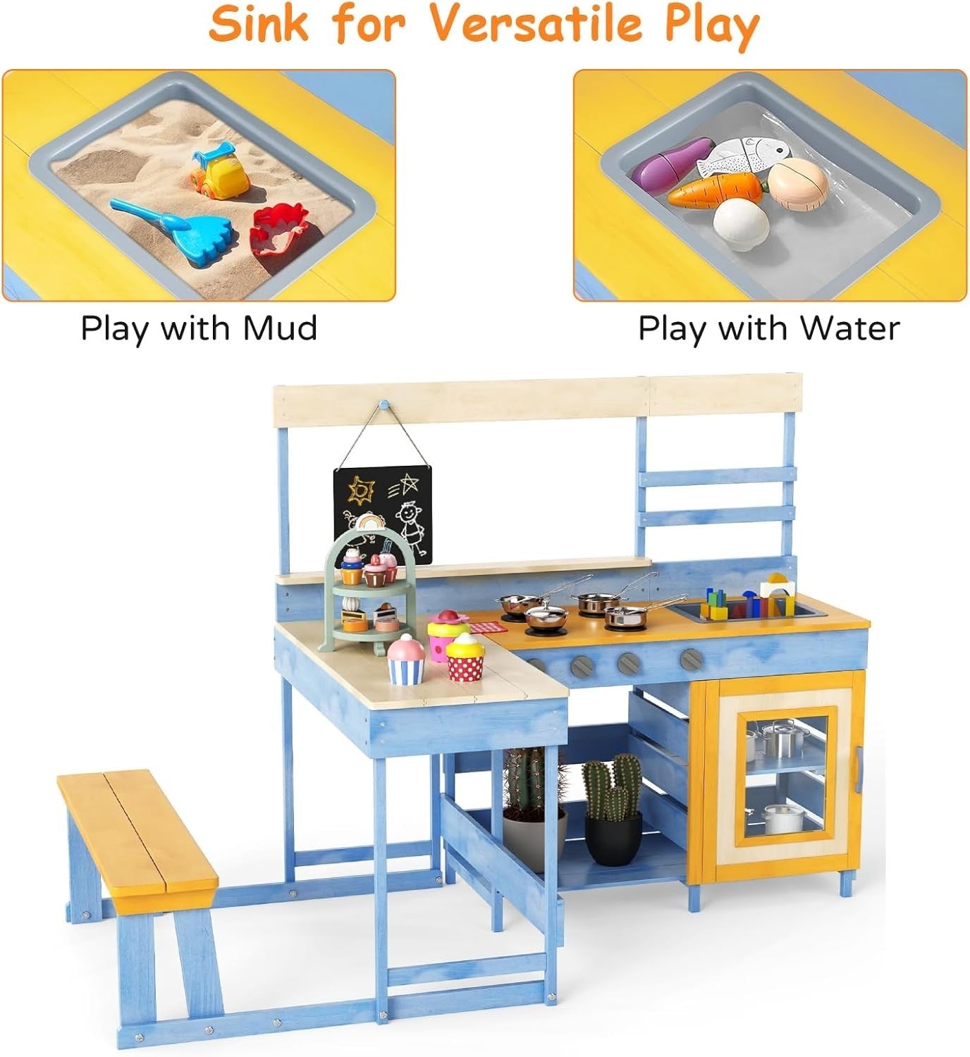 Kids Outdoor Mud Kitchen Wooden Playset Picnic Table Blackboard Toy