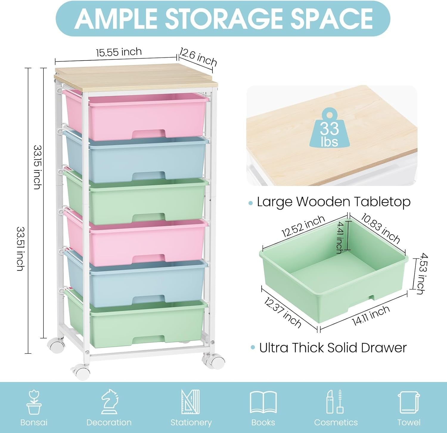 6 Drawer Rolling Storage Cart Craft Organizer Trolley Multicolor Wheels