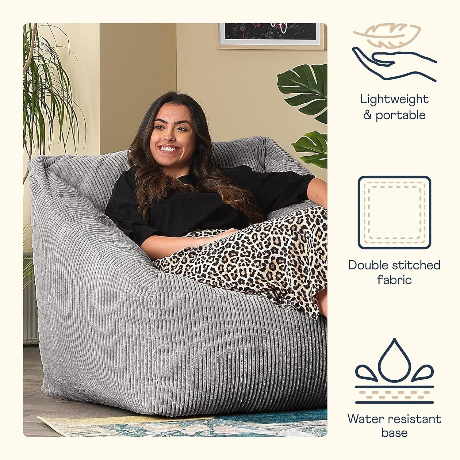 Grey Cord Bean Bag Chair Adult Lounge Sofa Seat for Gaming & Living Room