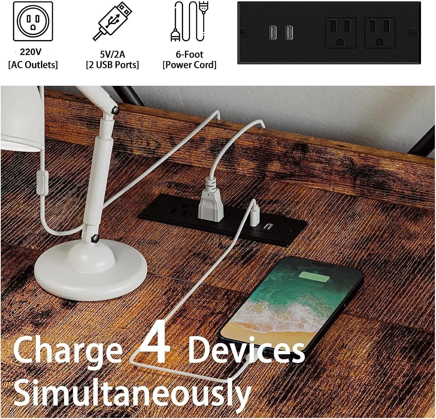 4 Tier Reversible Computer Desk 120cm Rustic Industrial Table w/ USB & Sockets