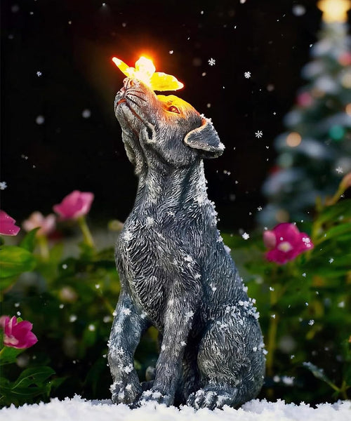 Solar Dog Garden Ornament with Lighted Butterfly Resin Waterproof Outdoor Decor