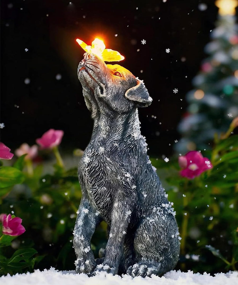 Solar Dog Garden Ornament with Lighted Butterfly Resin Waterproof Outdoor Decor