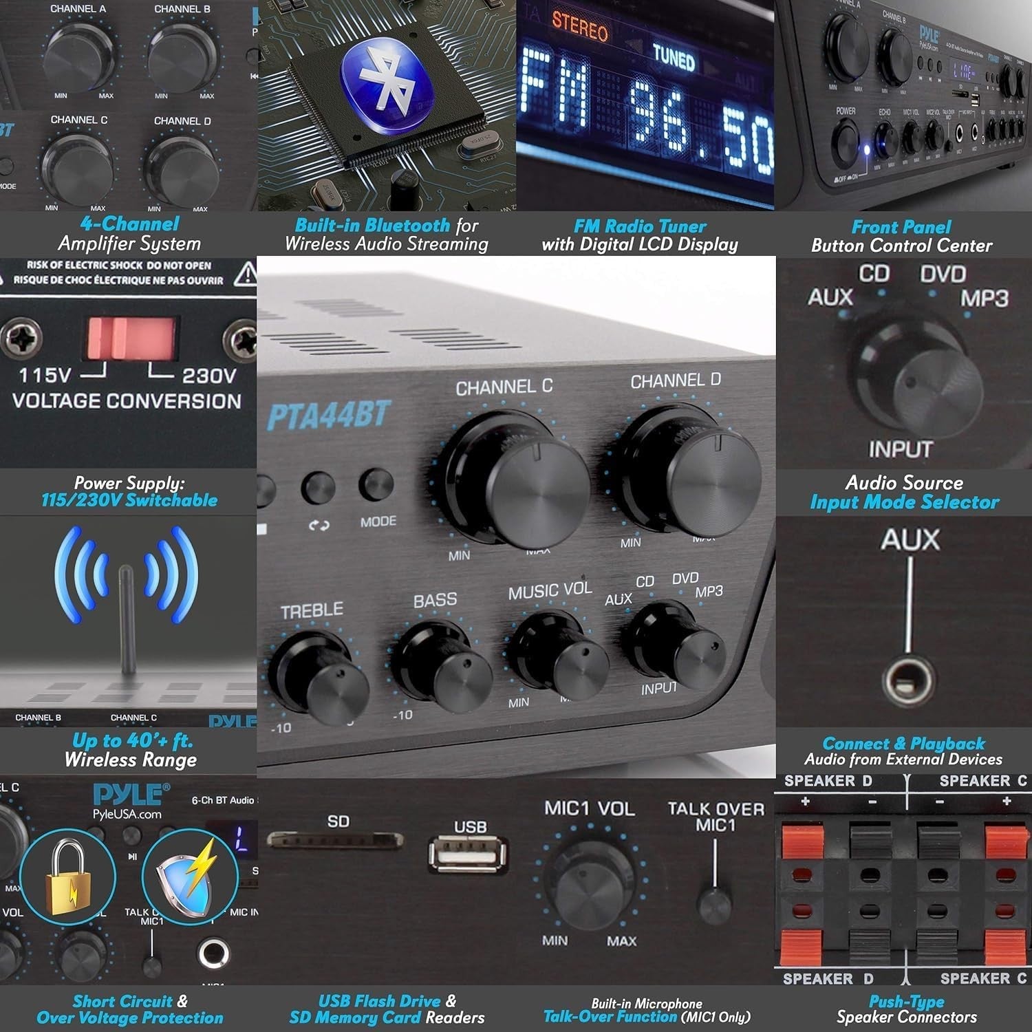 Bluetooth 4-Channel Amplifier 500W HiFi Stereo AUX USB Mic