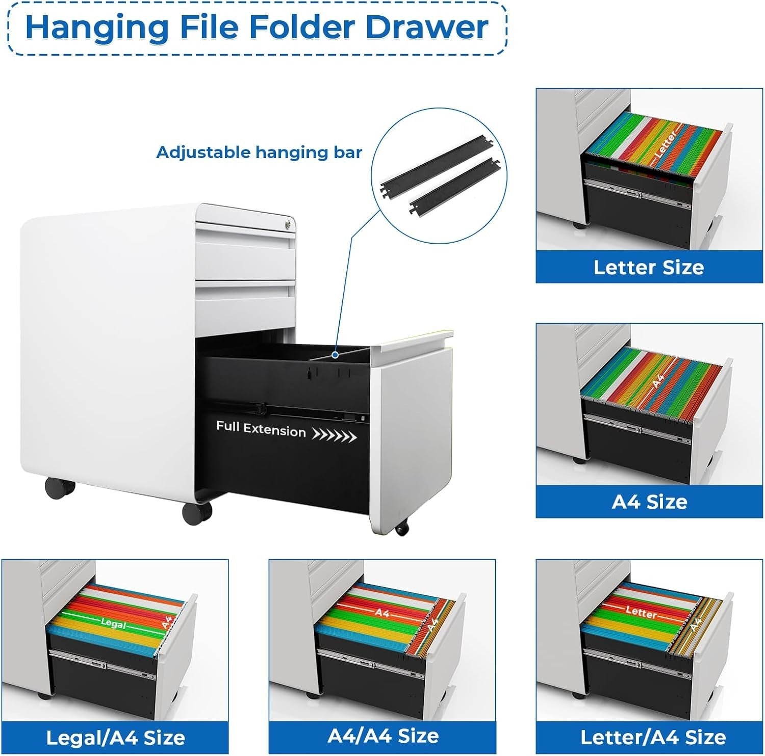 White Lockable Metal Filing Cabinet 3 Drawer A4 on Wheels