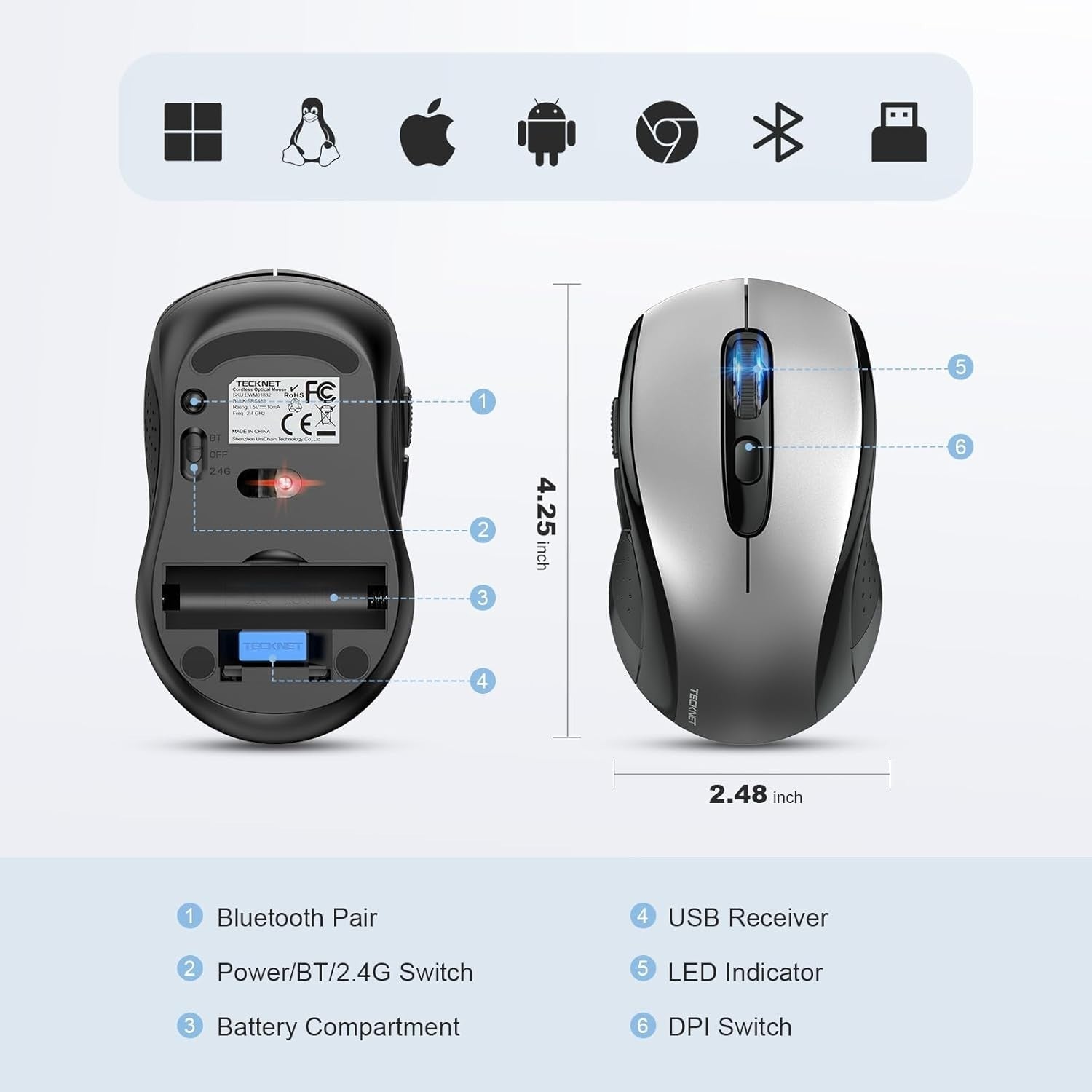 Slim Wireless Bluetooth Mouse 4000 DPI Multi Device Ergonomic Silent Clicks