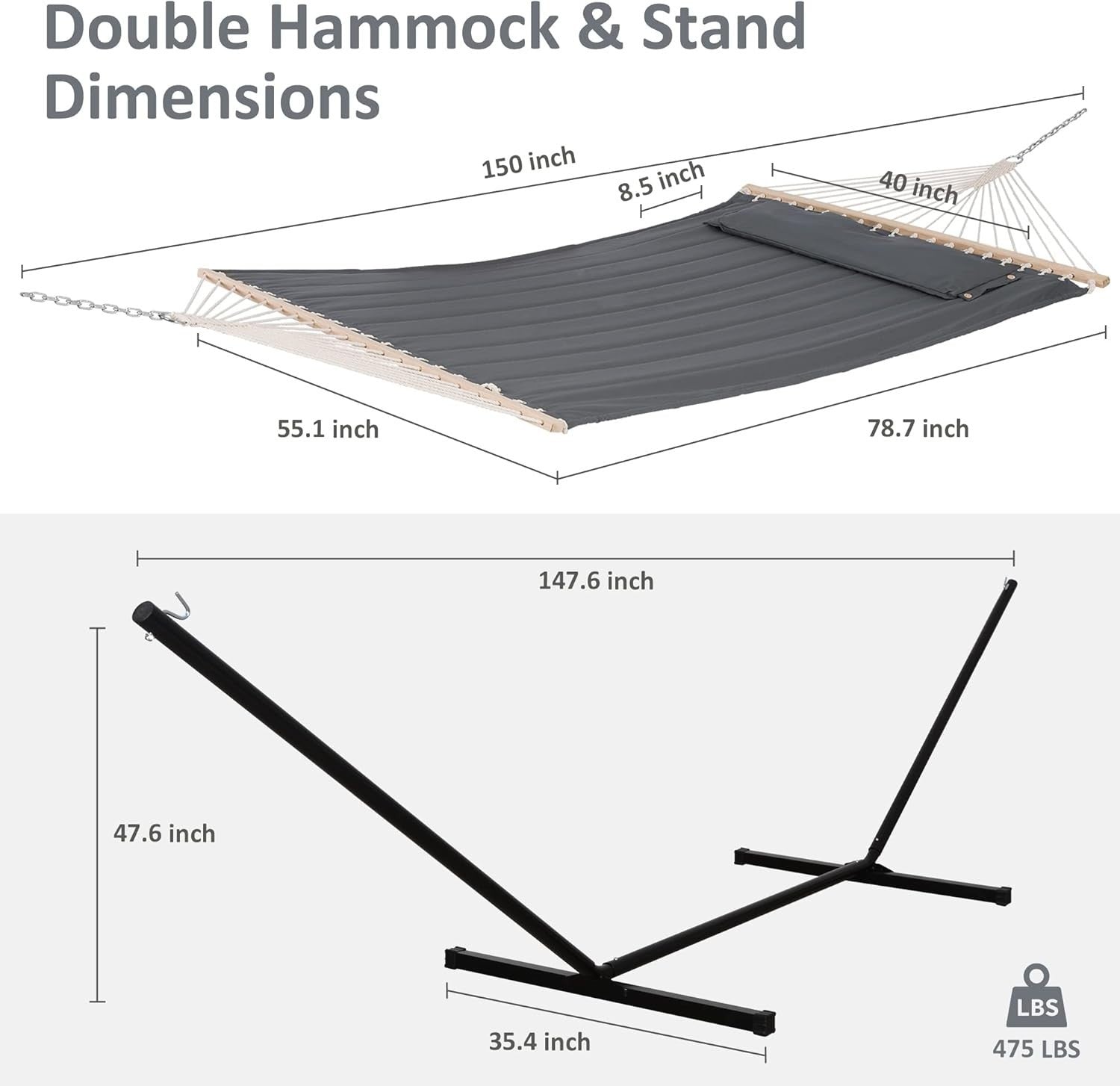 2 Person Quilted Hammock with Stand – 204kg Capacity – Portable Outdoor Bed
