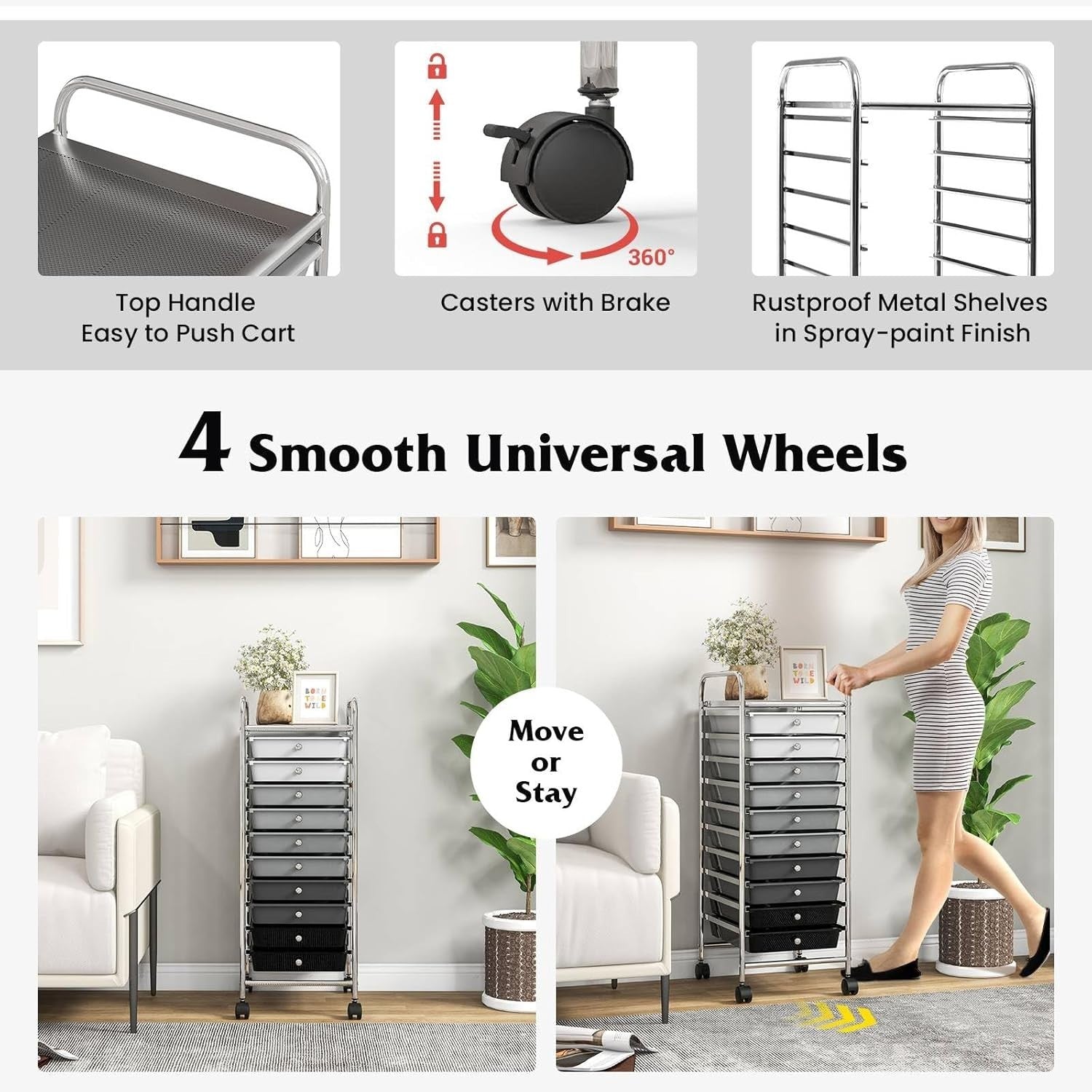 Gradient Black 10 Drawer Rolling Storage Trolley Salon Organizer Cart