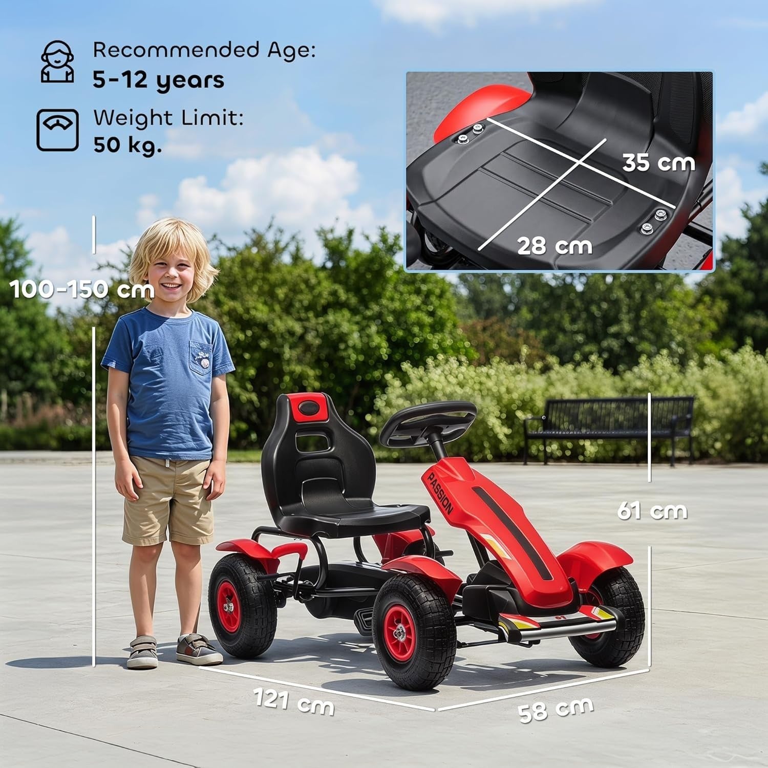 Kids Pedal Go Kart Ride On Racer Red Adjustable Seat Rubber Tyres 50kg