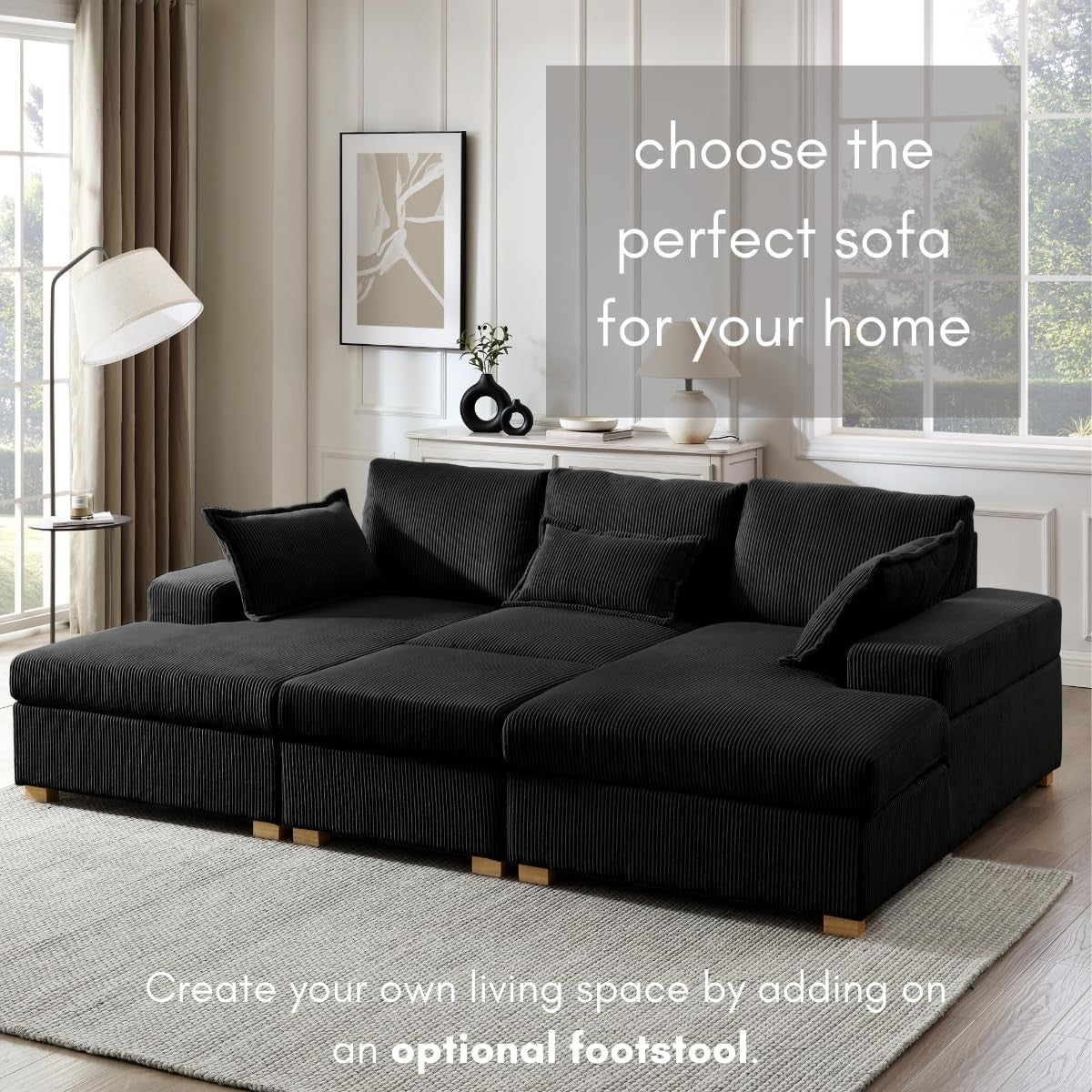 U-Shape Fabric Sofa Jumbo Cord 4-Seater Small or Large + Optional Footstool