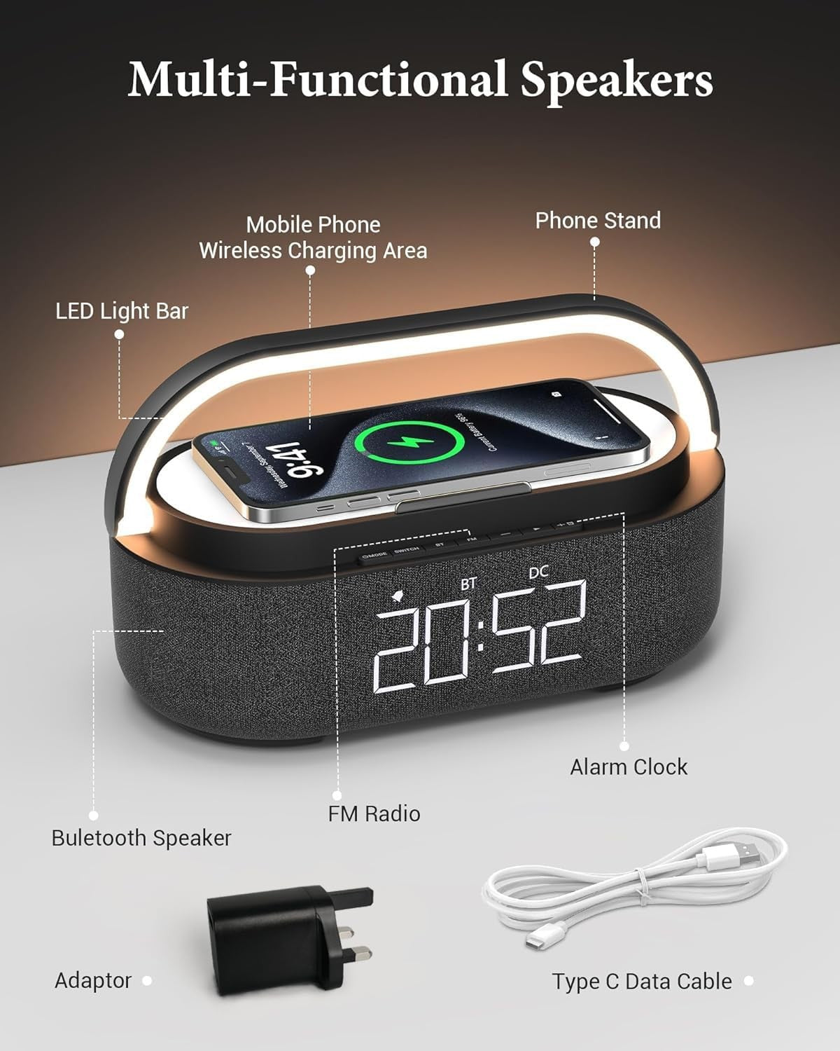 Bluetooth Alarm Clock Wireless Charger Speaker FM Radio Snooze