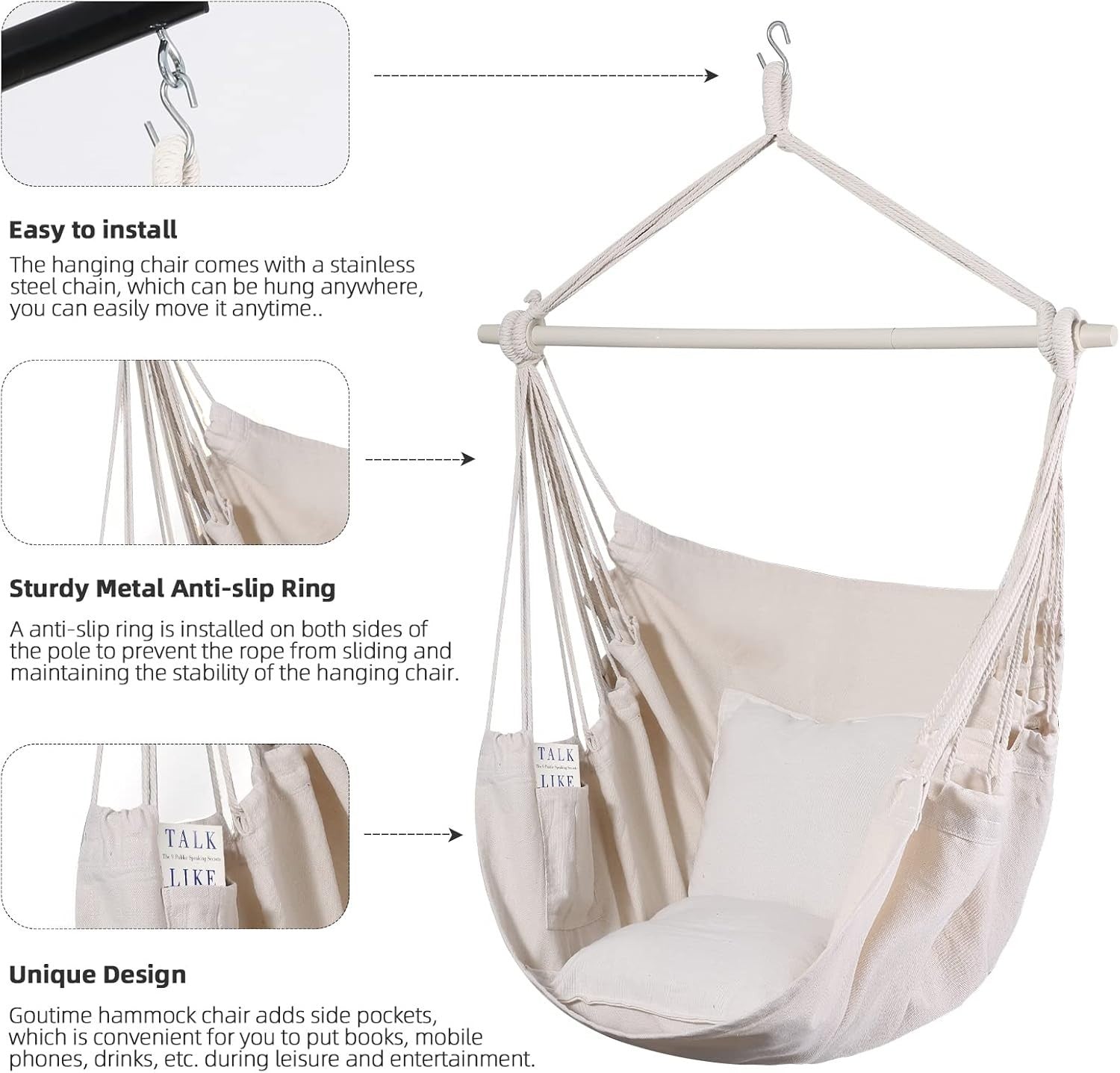 Beige Hammock Chair Swing w/ Pillows & Bar | Indoor Outdoor 330lbs Max