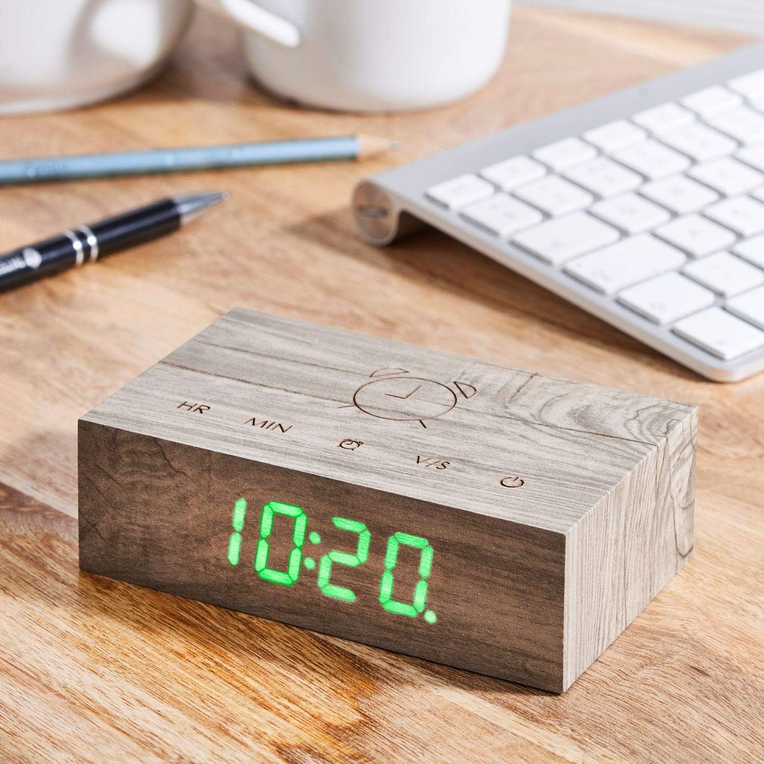 Wood Digital Alarm Clock LED Display Touch Control Minimalist Ash