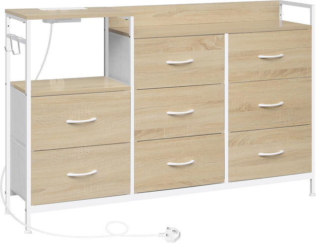 8 Drawer Fabric Chest with USB Ports Power Strip Light Oak White Storage Unit