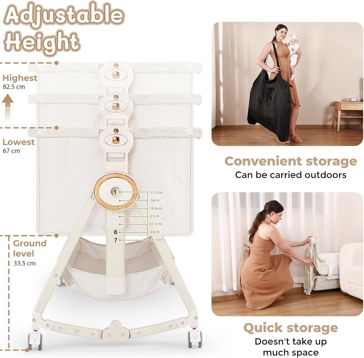 5in1 Baby Bedside Crib Adjustable Height Travel Cot with Mattress & Storage