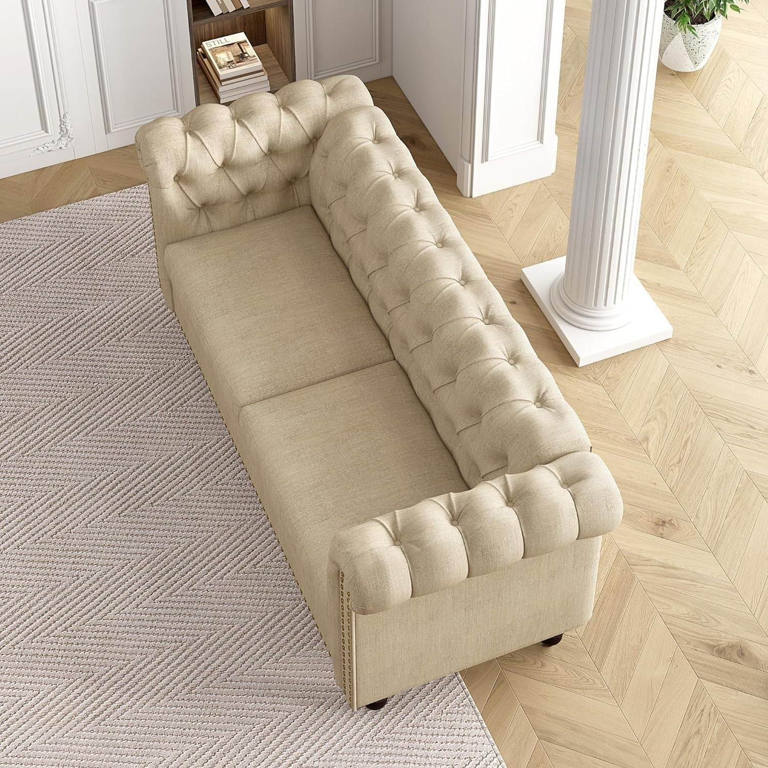 Luxury 2 Seater Chesterfield Sofa Beige Linen Couch for Lounge & Office