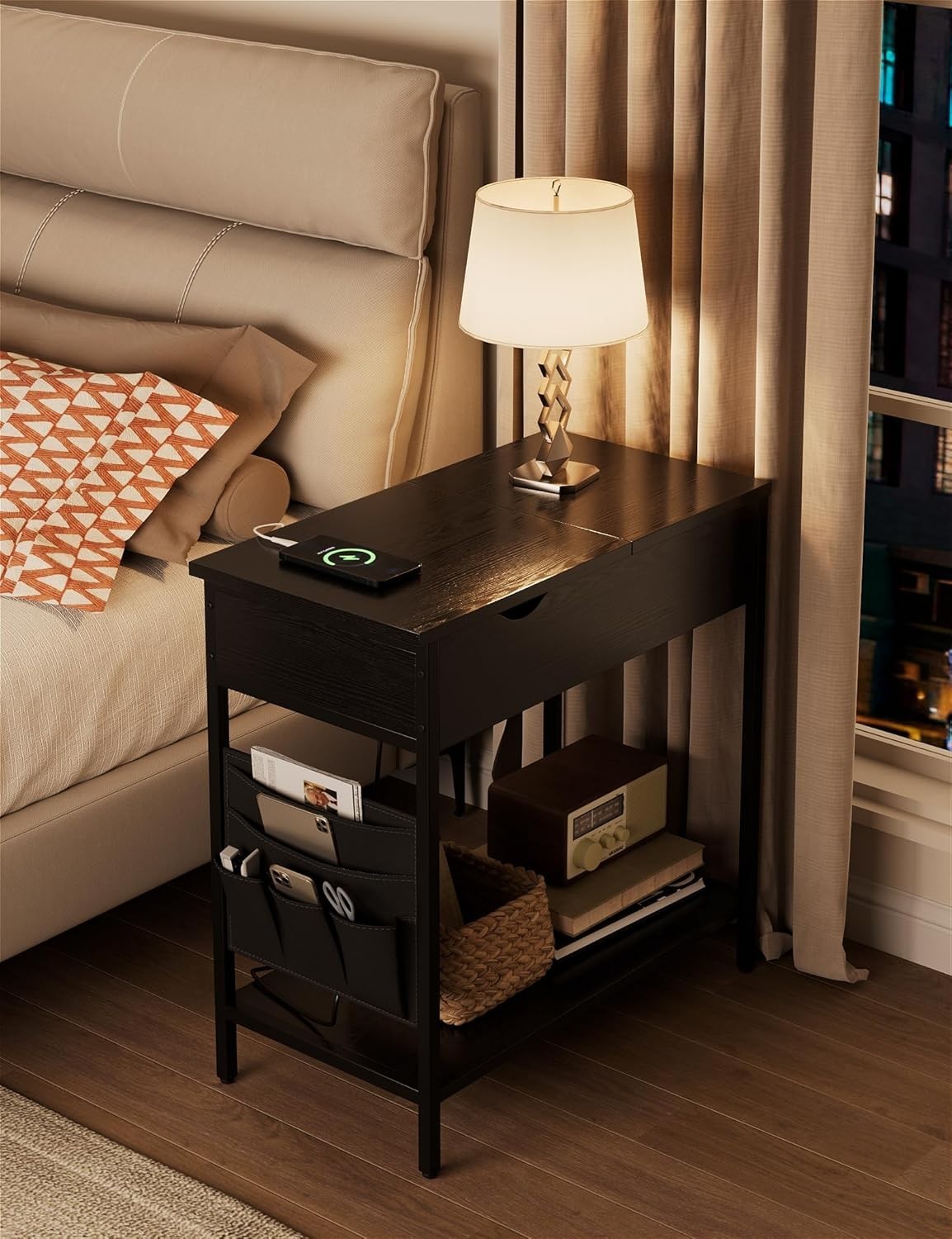 Black Narrow Side Table with USB Ports, Charging Shelf & Storage Bags