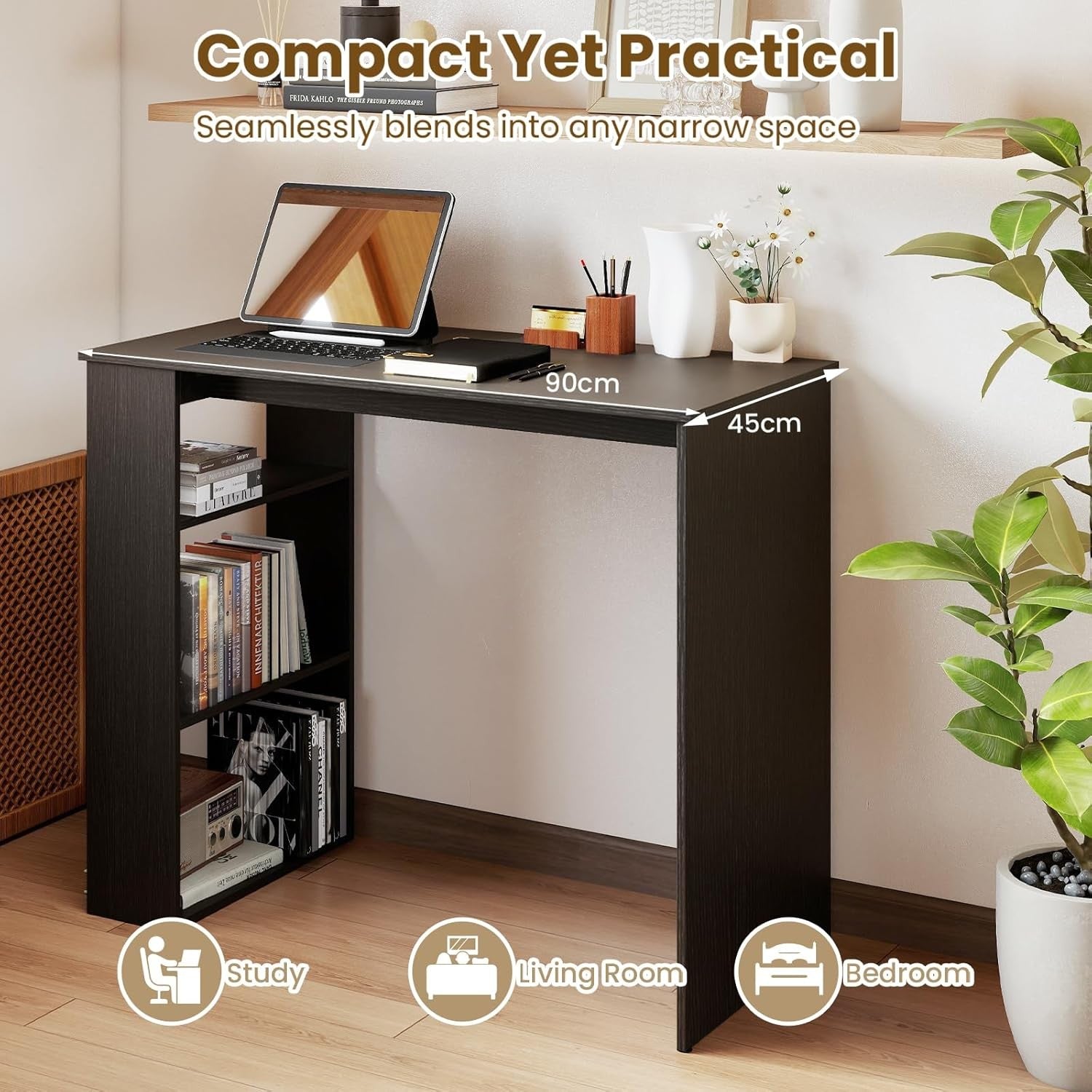 Compact Computer Desk with Bookshelf Small Space Home Office Laptop Table Black