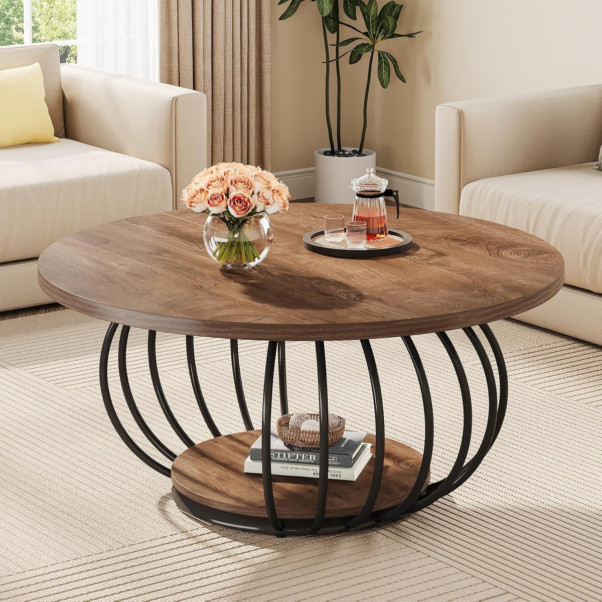 Round 2-Tier Coffee Table with Storage, Metal Frame & Wooden Grain Top