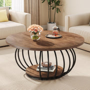 Round 2-Tier Coffee Table with Storage, Metal Frame & Wooden Grain Top