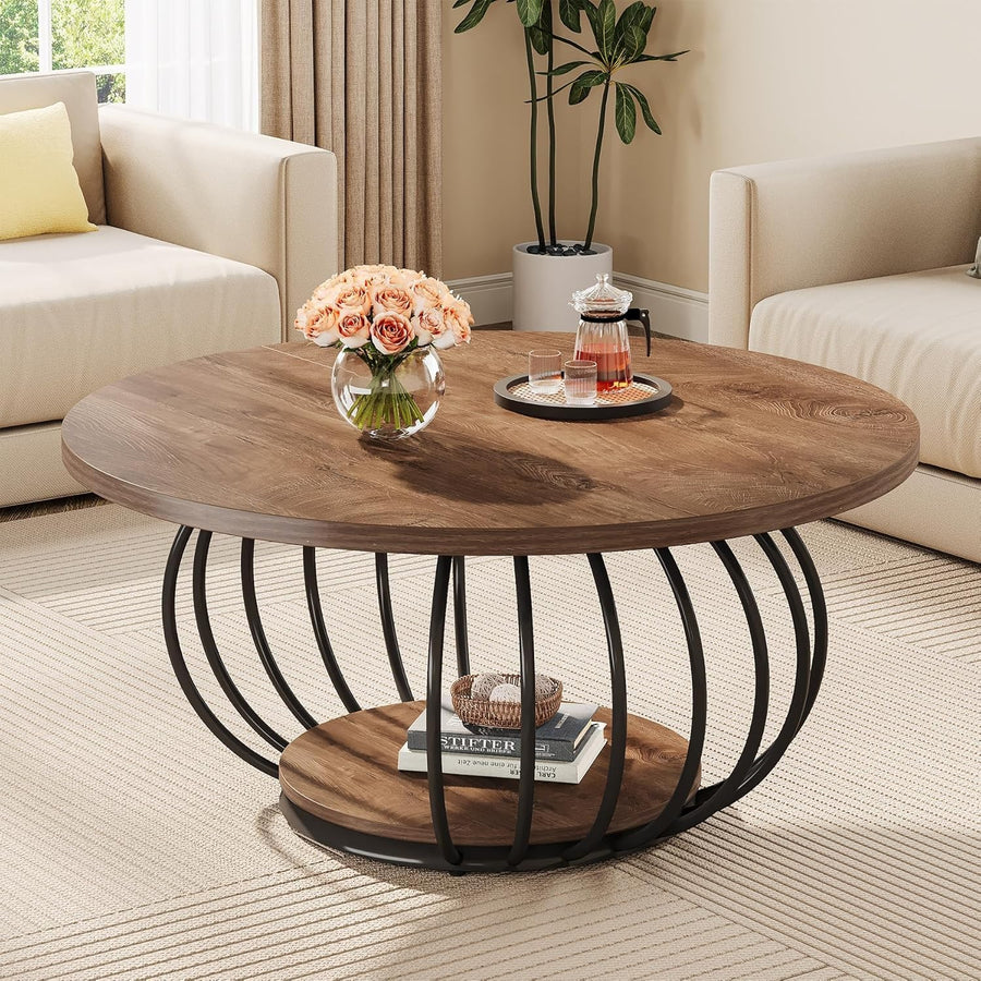 Round 2-Tier Coffee Table with Storage, Metal Frame & Wooden Grain Top