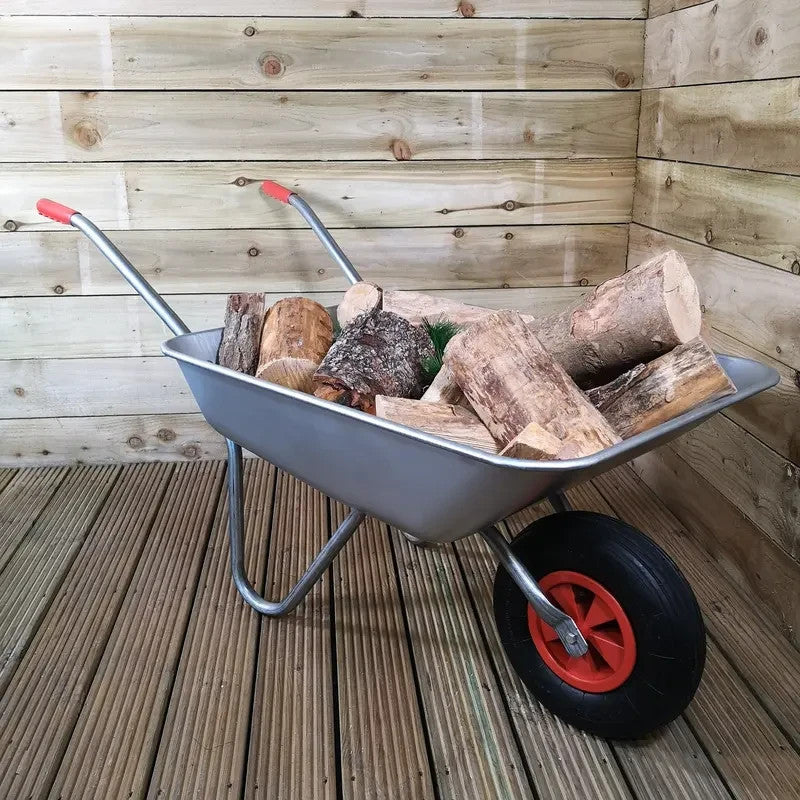 65L Galvanised Garden Wheelbarrow Metal Tray Pneumatic Tyre 60kg Max Load