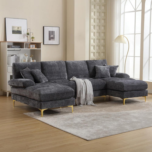U-Shaped 4-Seater Sofa Couch with 2 Chaise Chenille Fabric Grey Modern